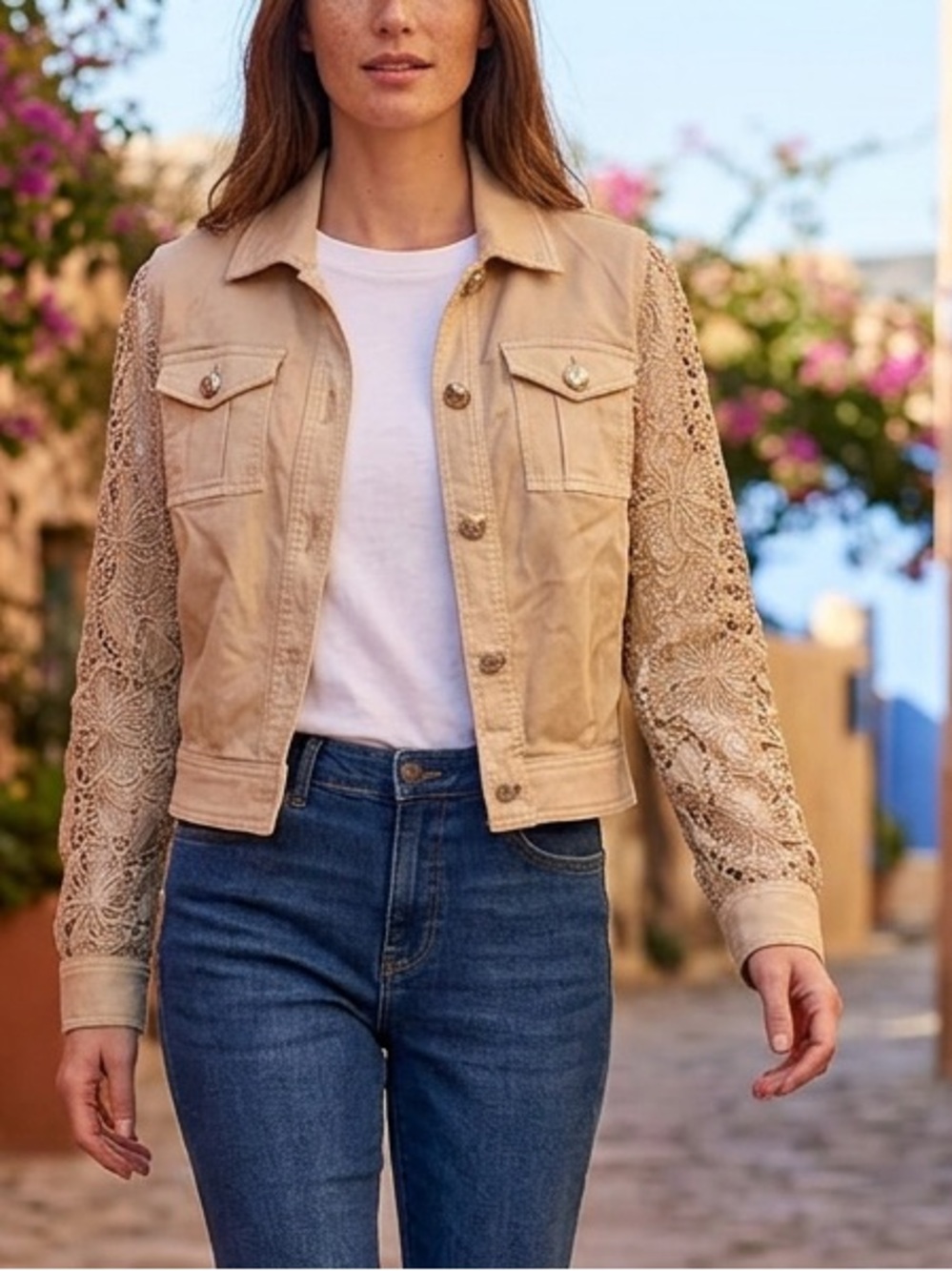 White House Black Market - Beige Denim Jacket with Crochet Lace Sleeves